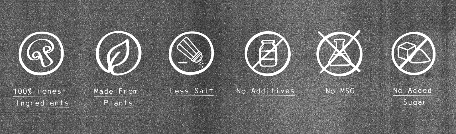 Icon infographic showing EATTT's real food benefits: honest ingredients, plant-based, less salt, no additives, no MSG, no added sugar