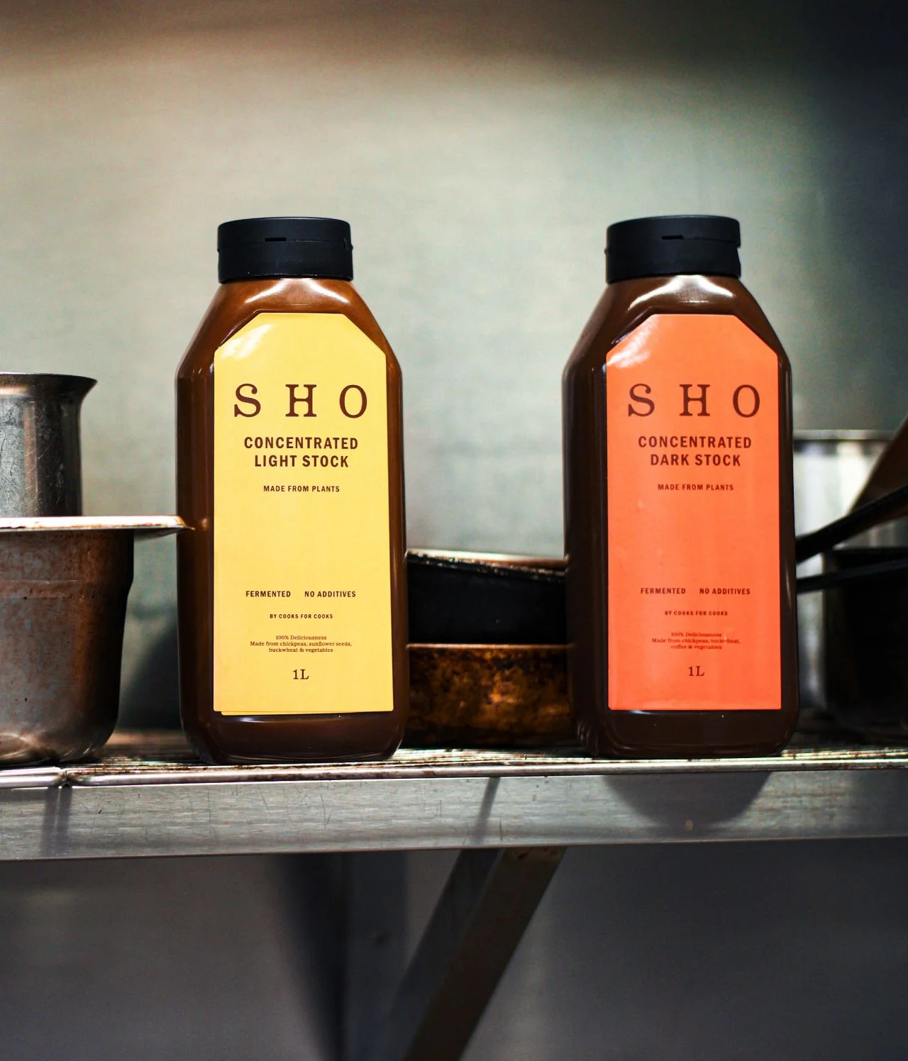 SHO Concentrated Light Stock and Dark Stock bottles stored on a kitchen shelf, how to store guidance