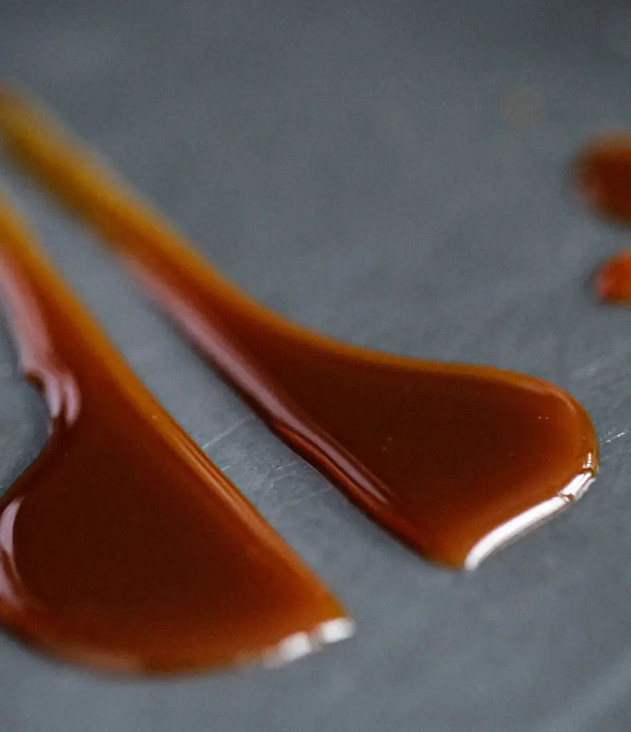 Gros plan d'une sauce brune brillante qui coule, illustrant la transformation de la saveur par le processus de fermentation EATTT