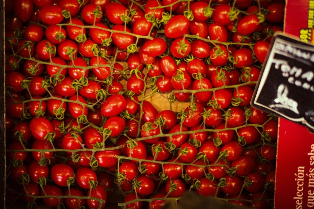 Tomates cerises fraîches sur la vigne avec le titre du blog food for thought