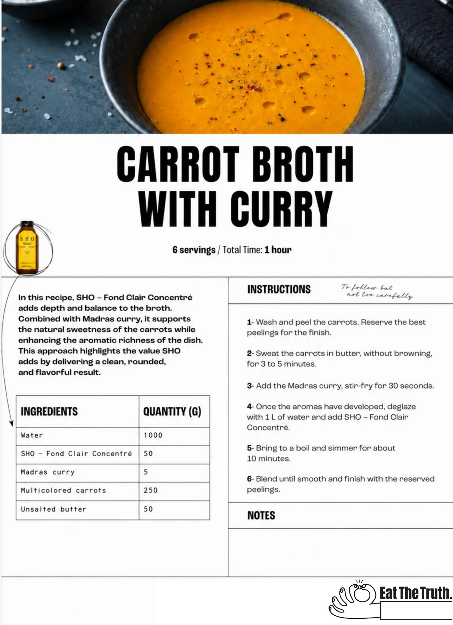 Bowl of orange carrot broth with curry, garnished with spices and olive oil.
