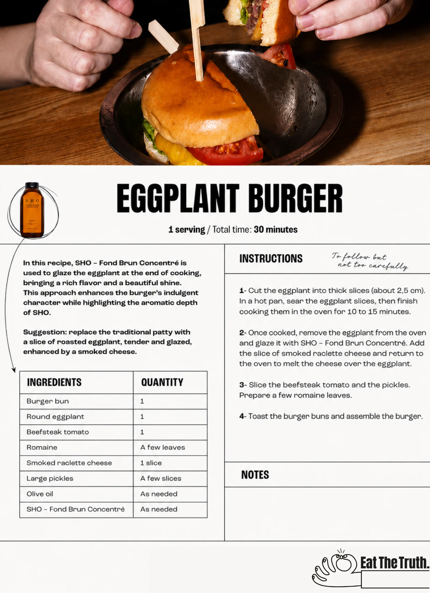 Hands holding an eggplant burger with tomato, cheese, and toasted bun.